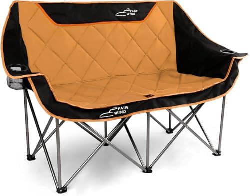 Orange padded folding double camping loveseat