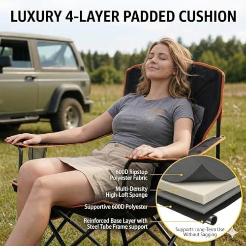 Black heavy duty quad fold lumbar camping chair — photo 4