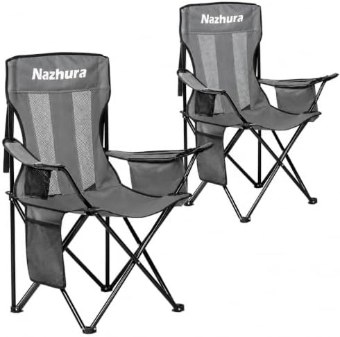 Grey metal folding outdoor camping chairs 2 pack