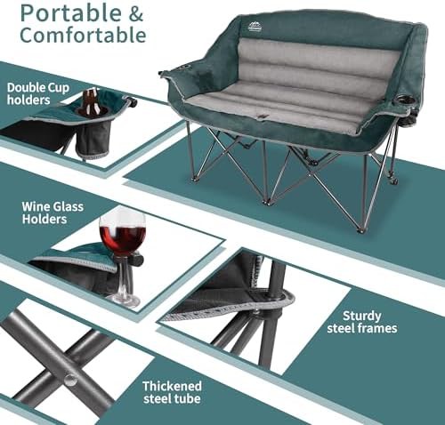 Padded double camping chair loveseat dark green — photo 4