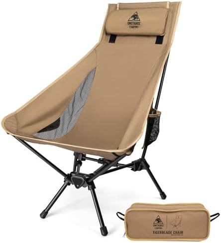 High back camping chair with integrated pillow design