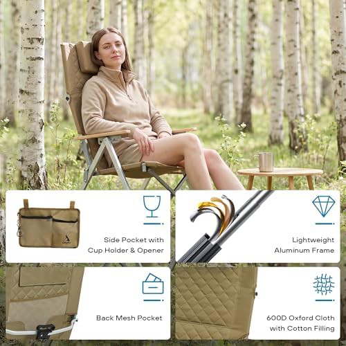 Khaki adjustable aluminum reclining camping chair — photo 3