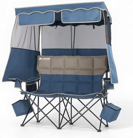 Blue padded double camping chair with canopy
