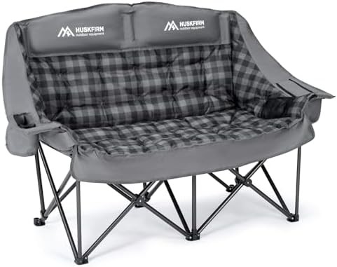 Grey padded high back two person camp chair