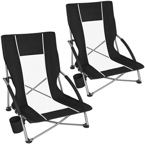 Black low beach sand chairs with mesh
