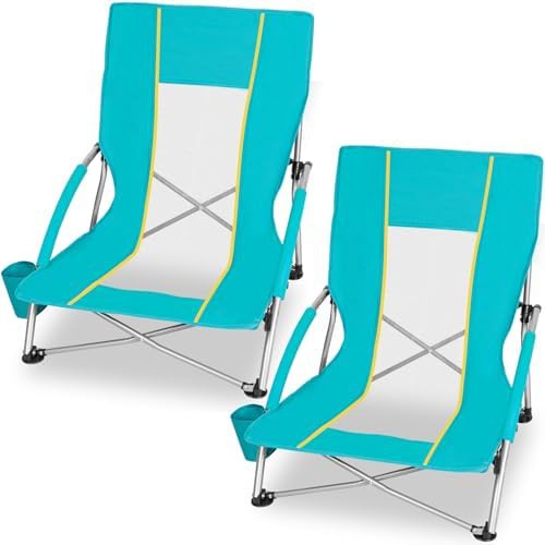Green low beach sand chairs with mesh