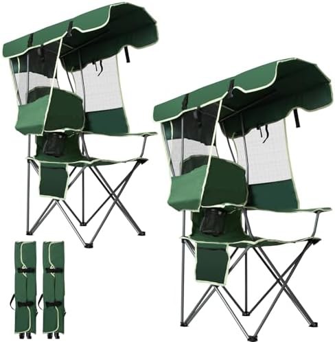 Green folding camping chair with sunshade