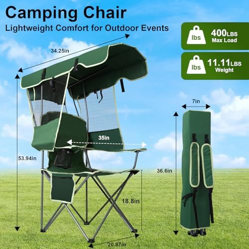 Green folding camping chair with sunshade — photo 3