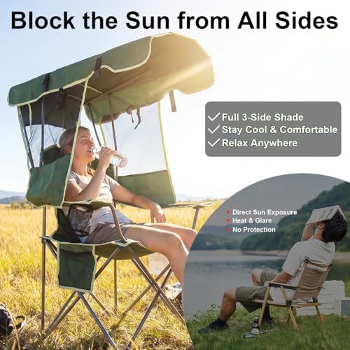 Green folding camping chair with sunshade — photo 4
